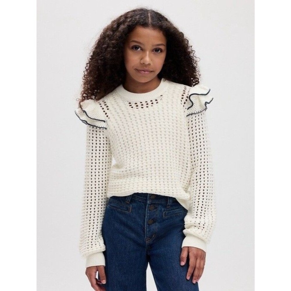 Gap Kids Girls Crochet Knit Sweater Ruffle Shoulder White Black XXL Pullover